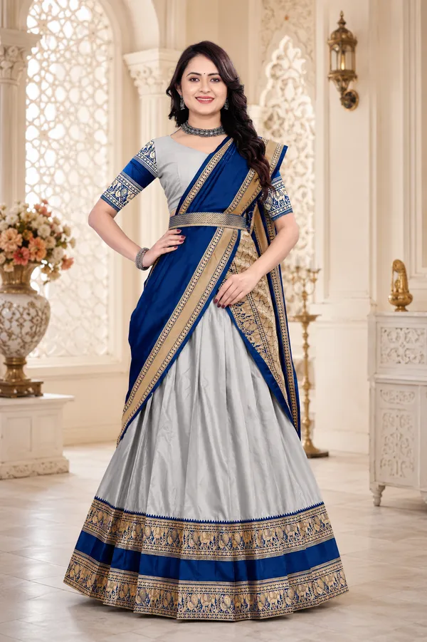 Grey_Blue_Banarasi_Silk_Flared_Lehenga_Choli_Set_For_Women
