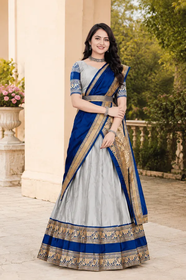 Grey_Blue_Banarasi_Silk_Flared_Lehenga_Choli_Set_For_Women
