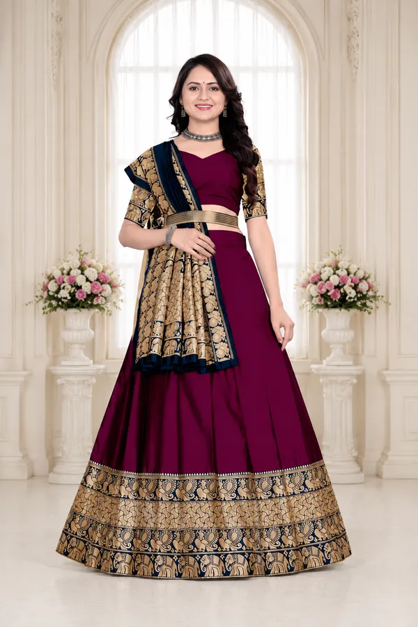 Maroon_Banarasi_Silk_Flared_Lehenga_Choli_Set_For_Women