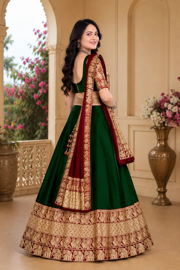 Green_Banarasi_Silk_Flared_Lehenga_Choli_Set_For_Women
