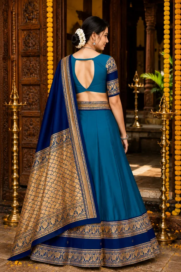 Blue_Banarasi_Silk_Flared_Lehenga_Choli_Set_For_Women