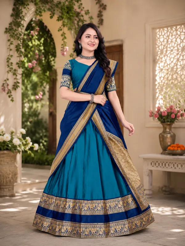 Blue_Banarasi_Silk_Flared_Lehenga_Choli_Set_For_Women