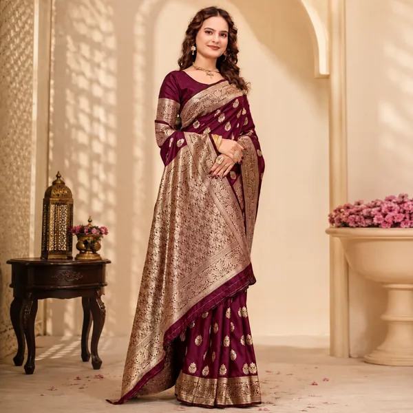 Wine_Banarasi_Silk_Golden_Zari_Woven_Saree_For_Women