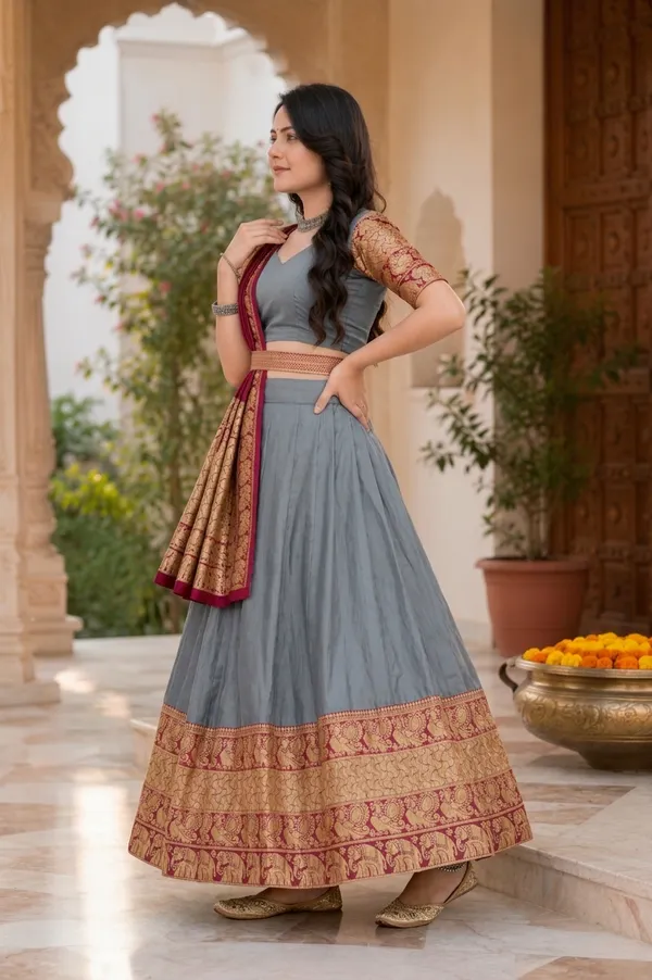 Grey_Banarasi_Silk_Flared_Lehenga_Choli_Set_For_Women