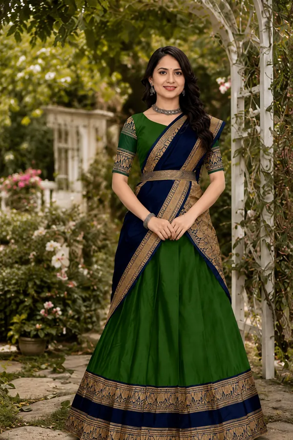 Green_Navy_Banarasi_Silk_Flared_Lehenga_Choli_Set_For_Women