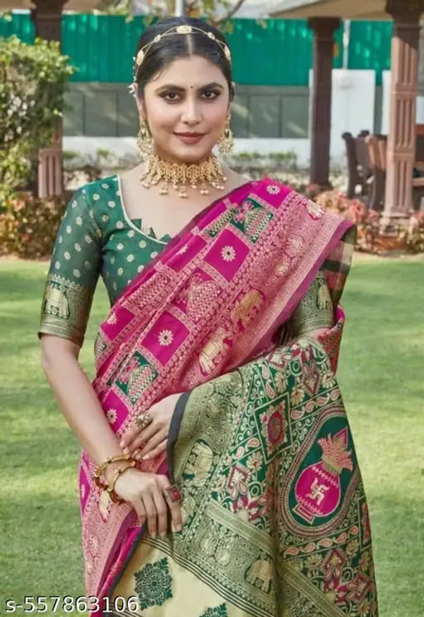 Pink_Green_Banarasi_Silk_Printed_Saree_For_Women