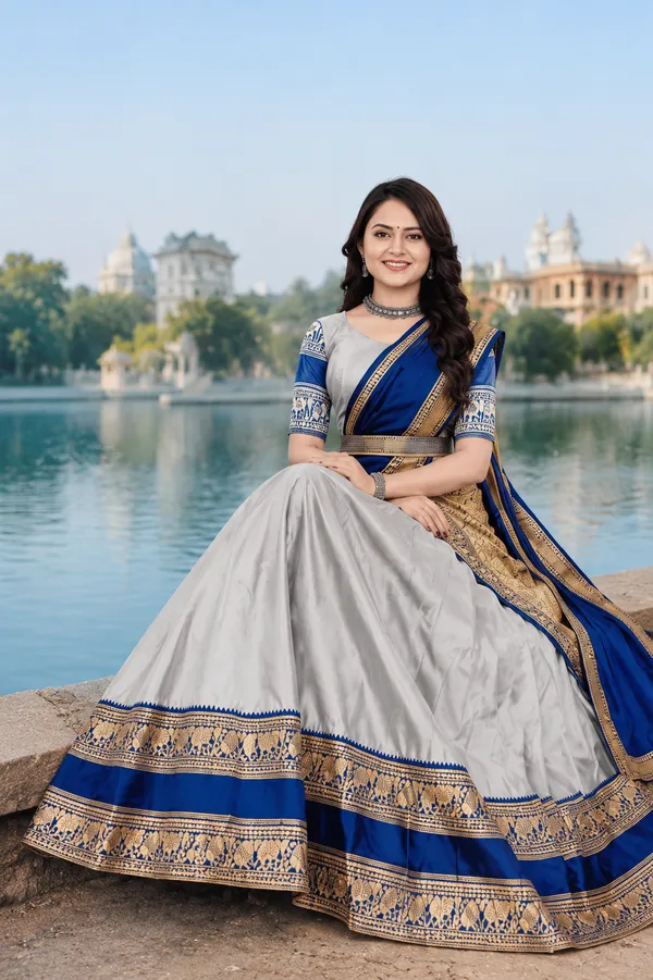 Grey_Blue_Banarasi_Silk_Flared_Lehenga_Choli_Set_For_Women
