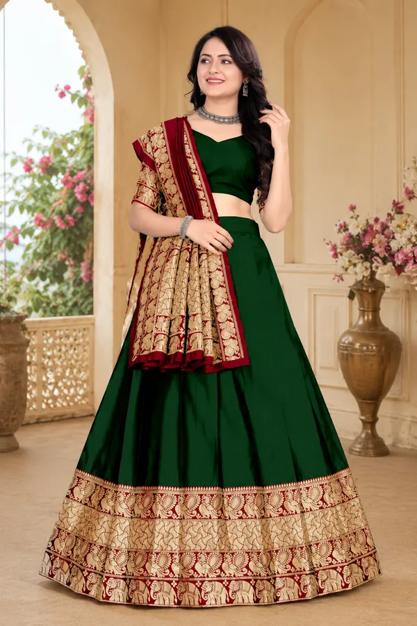 Green_Banarasi_Silk_Flared_Lehenga_Choli_Set_For_Women