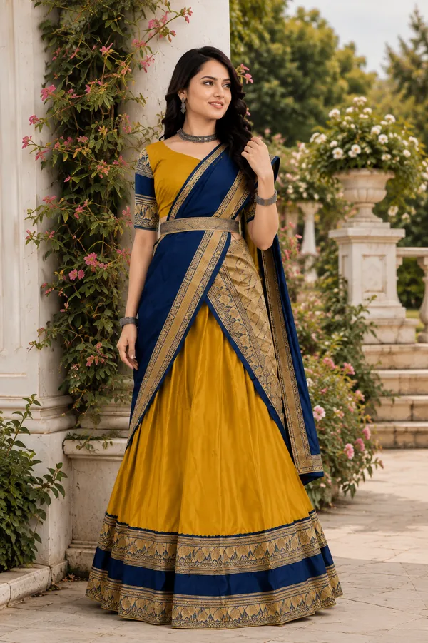 Blue_Mustard_Banarasi_Silk_Printed_Lehenga_Saree_For_Women