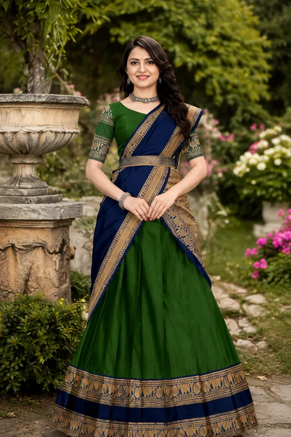 Green_Navy_Banarasi_Silk_Flared_Lehenga_Choli_Set_For_Women