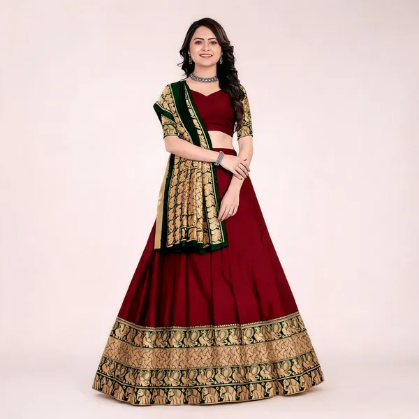 Maroon_Banarasi_Silk_Flared_Lehenga_Choli_Set_For_Women
