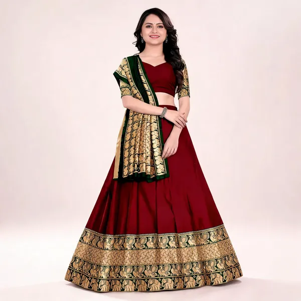 Maroon_Banarasi_Silk_Flared_Lehenga_Choli_Set_For_Women