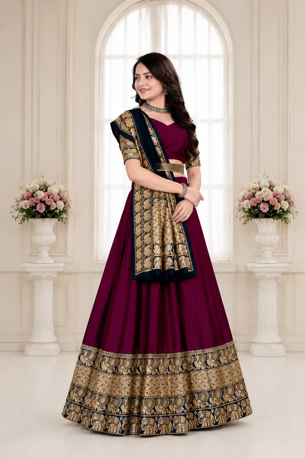 Maroon_Banarasi_Silk_Flared_Lehenga_Choli_Set_For_Women