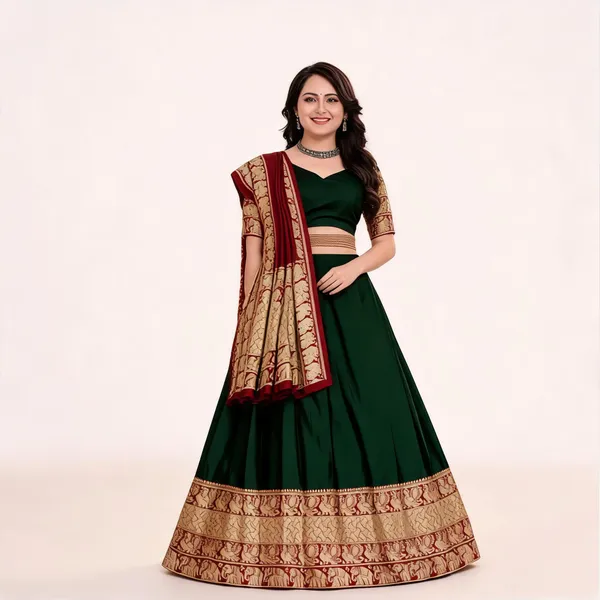 Green_Banarasi_Silk_Flared_Lehenga_Choli_Set_For_Women