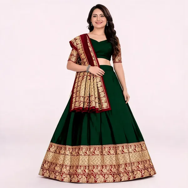 Green_Banarasi_Silk_Flared_Lehenga_Choli_Set_For_Women