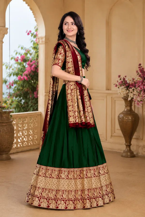 Green_Banarasi_Silk_Flared_Lehenga_Choli_Set_For_Women