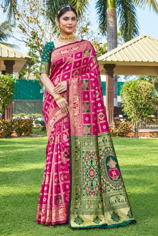 Pink_Green_Banarasi_Silk_Printed_Saree_For_Women