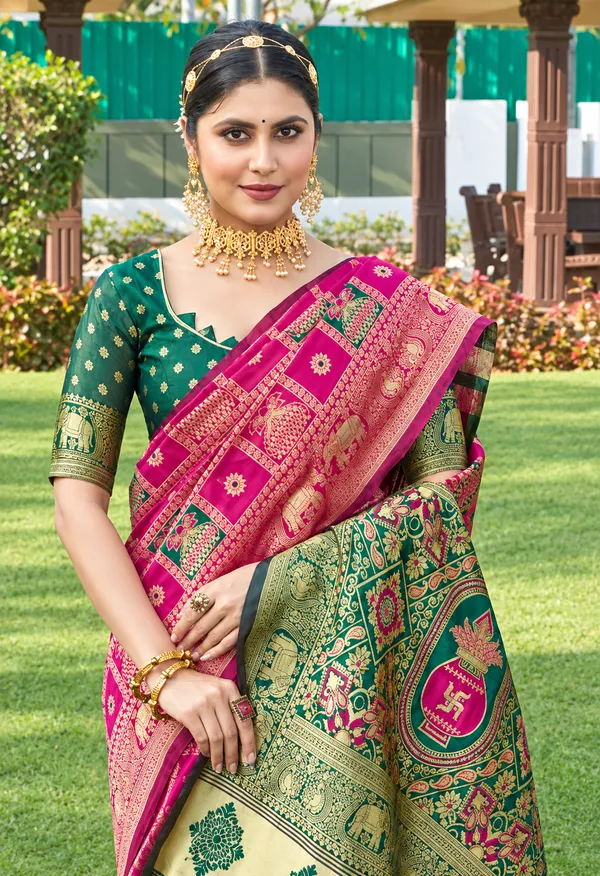 Pink_Green_Banarasi_Silk_Printed_Saree_For_Women