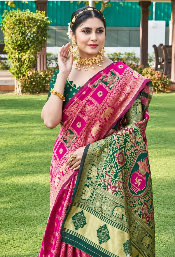 Pink_Green_Banarasi_Silk_Printed_Saree_For_Women
