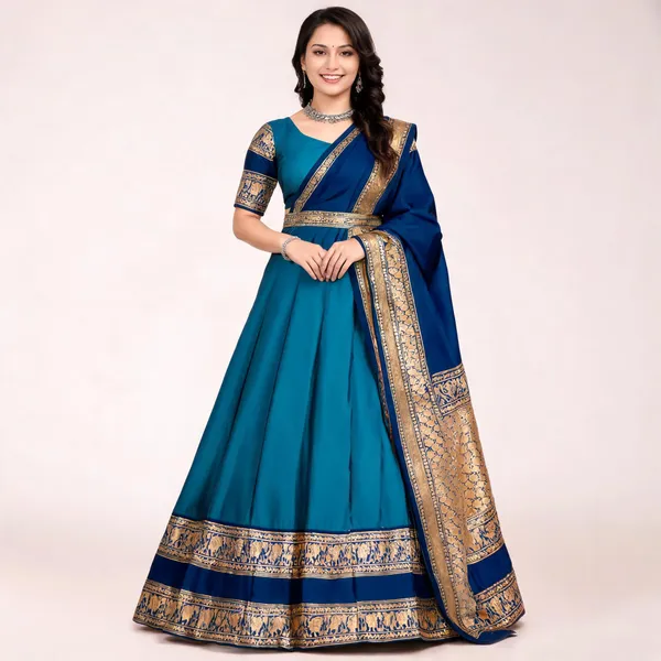 Blue_Banarasi_Silk_Flared_Lehenga_Choli_Set_For_Women