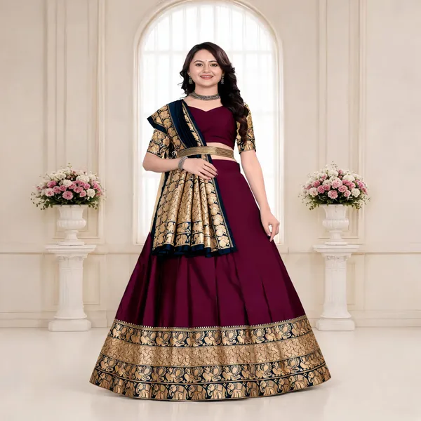 Maroon_Banarasi_Silk_Flared_Lehenga_Choli_Set_For_Women