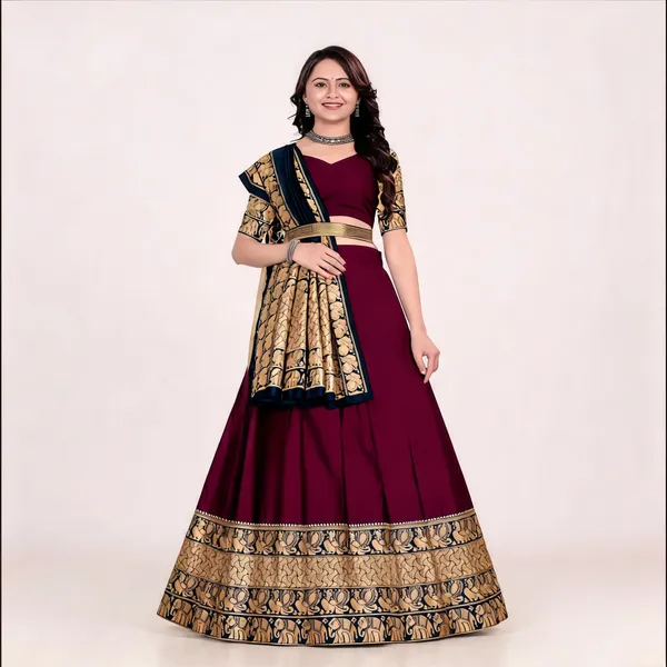 Maroon_Banarasi_Silk_Flared_Lehenga_Choli_Set_For_Women