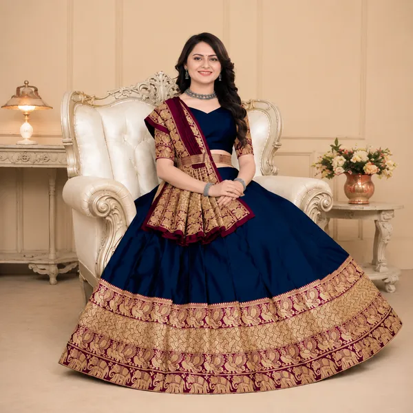 Navy_Blue_Banarasi_Silk_Flared_Lehenga_Choli_Set_For_Women