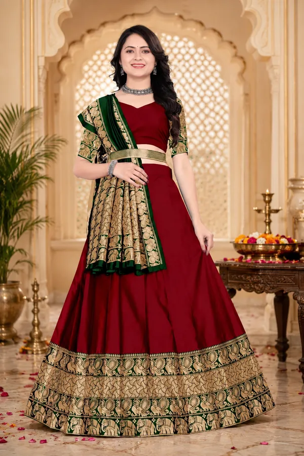 Maroon_Banarasi_Silk_Flared_Lehenga_Choli_Set_For_Women