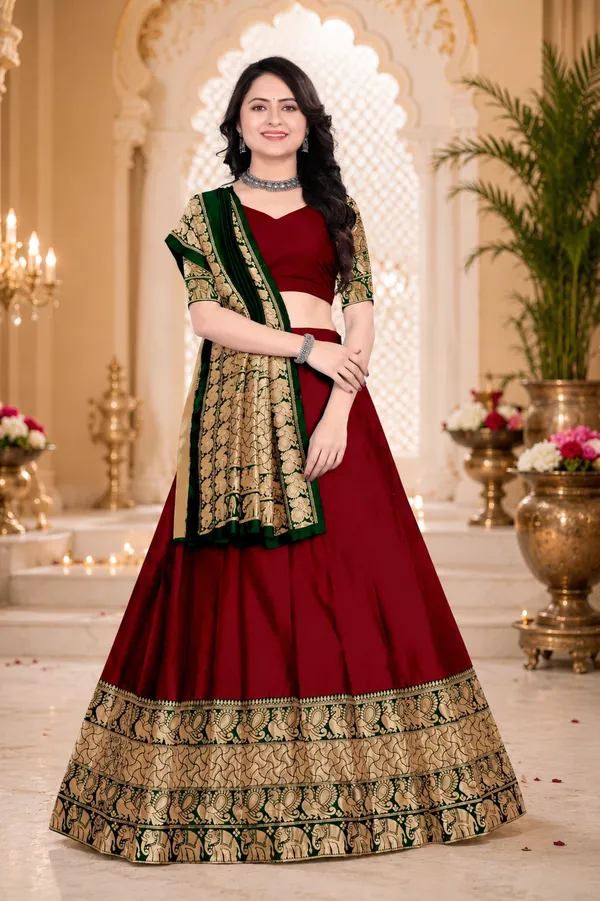 Maroon_Banarasi_Silk_Flared_Lehenga_Choli_Set_For_Women