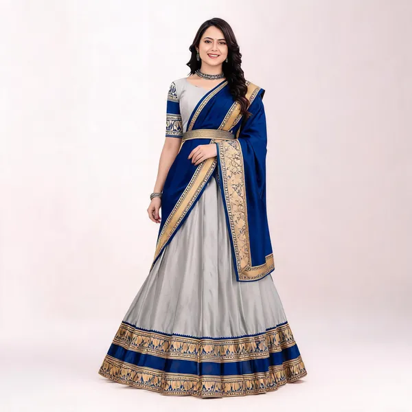 Grey_Blue_Banarasi_Silk_Flared_Lehenga_Choli_Set_For_Women