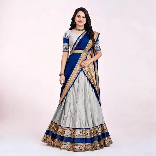 Grey_Blue_Banarasi_Silk_Flared_Lehenga_Choli_Set_For_Women
