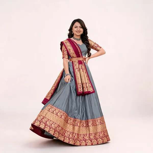 Grey_Banarasi_Silk_Flared_Lehenga_Choli_Set_For_Women
