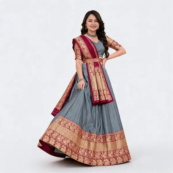 Grey_Banarasi_Silk_Flared_Lehenga_Choli_Set_For_Women
