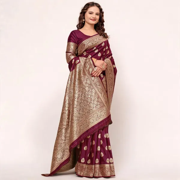 Wine_Banarasi_Silk_Golden_Zari_Woven_Saree_For_Women