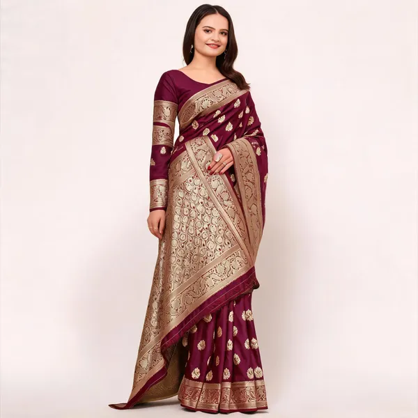 Wine_Banarasi_Silk_Golden_Zari_Woven_Saree_For_Women