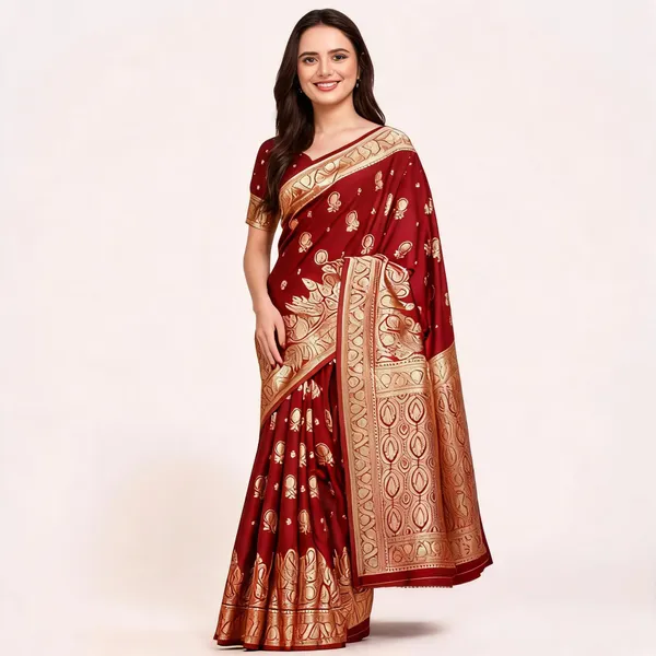 Maroon_Banarasi_Silk_Golden_Zari_Work_Saree_For_Women