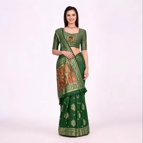 Bottle_Green_Banarasi_Silk_Golden_Zari_Work_Saree_For_Women