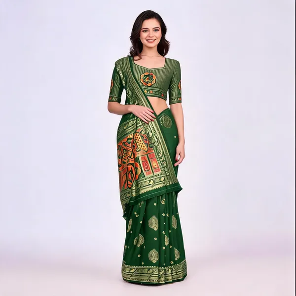 Bottle_Green_Banarasi_Silk_Golden_Zari_Work_Saree_For_Women