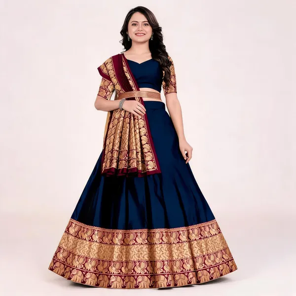 Navy_Blue_Banarasi_Silk_Flared_Lehenga_Choli_Set_For_Women