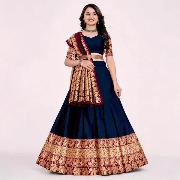 Navy_Blue_Banarasi_Silk_Flared_Lehenga_Choli_Set_For_Women