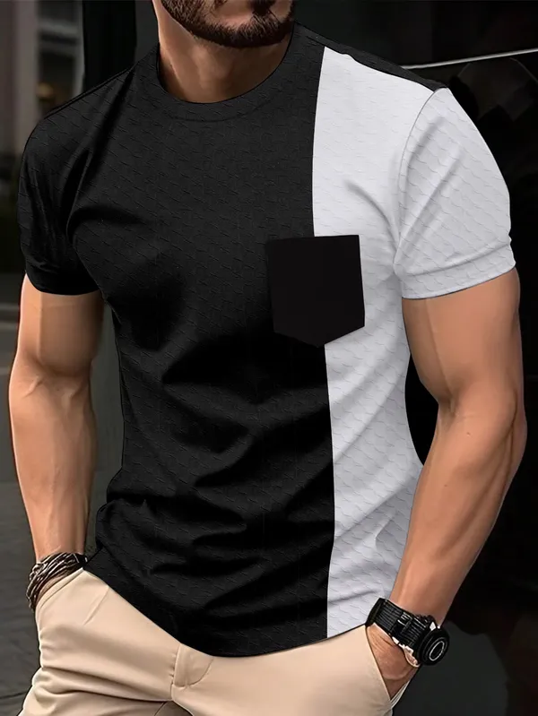 Black_&_White_Cotton_Blend_Colourblock_Textured_T-Shirt_For_Men