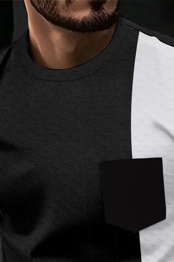 Black_&_White_Cotton_Blend_Colourblock_Textured_T-Shirt_For_Men