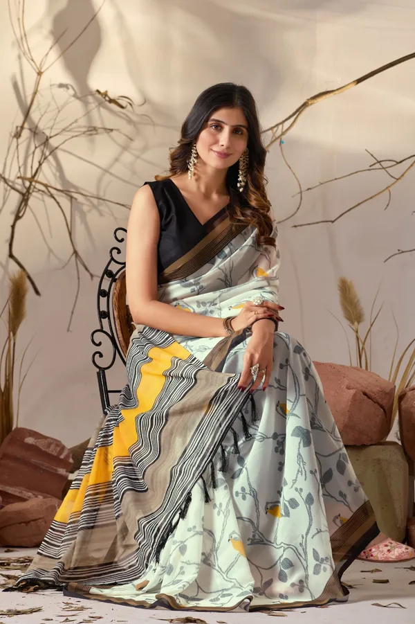 Aasna_Fashion_Women's_Pista_Green_Floral_Printed_Soft_Georgette_Saree_with_Contemporary_Striped_Pallu_&_Unstitched_Black_Blouse_Piece