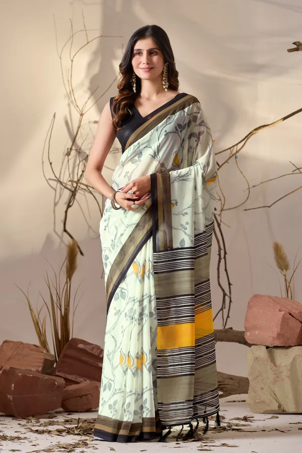 Aasna_Fashion_Women's_Pista_Green_Floral_Printed_Soft_Georgette_Saree_with_Contemporary_Striped_Pallu_&_Unstitched_Black_Blouse_Piece
