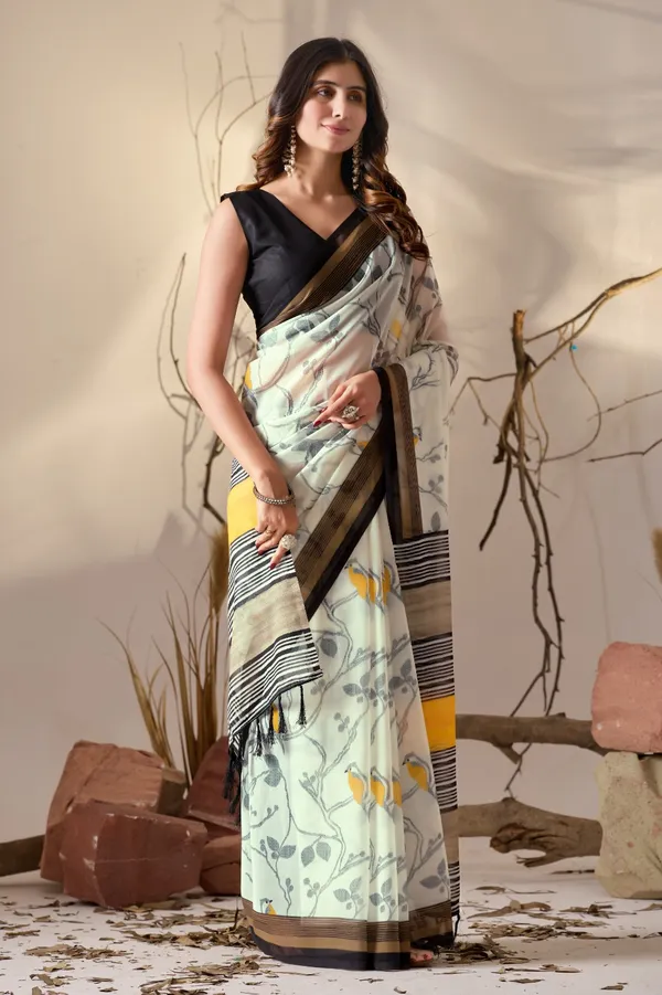 Aasna_Fashion_Women's_Pista_Green_Floral_Printed_Soft_Georgette_Saree_with_Contemporary_Striped_Pallu_&_Unstitched_Black_Blouse_Piece
