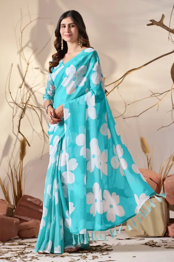 Aasna_Fashion_Women's_Turquoise_Blue_Soft_Georgette_Saree_with_Bold_Oversized_White_Floral_Prints_and_Tasseled_Pallu