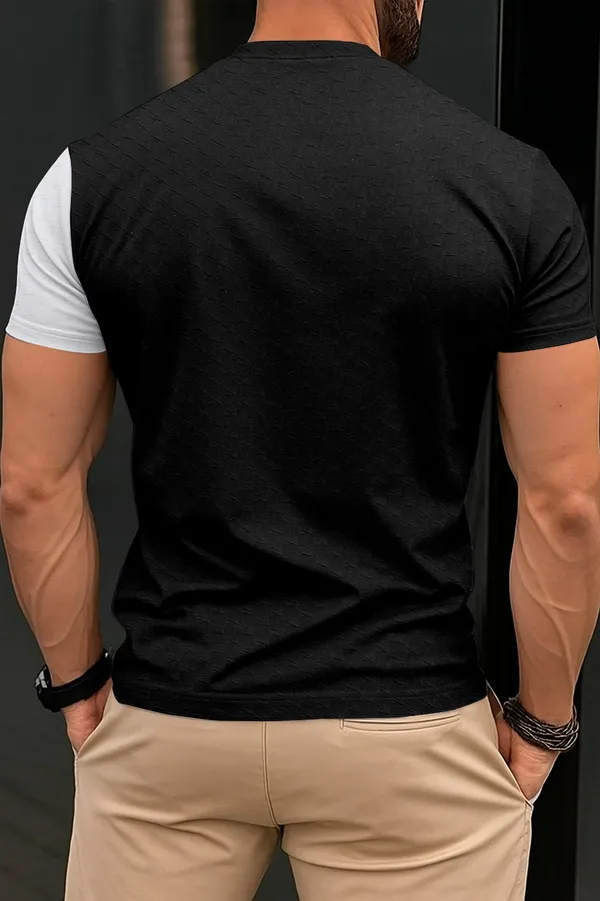 Black_&_White_Cotton_Blend_Colourblock_Textured_T-Shirt_For_Men