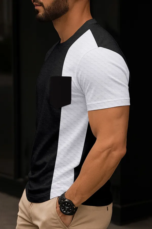 Black_&_White_Cotton_Blend_Colourblock_Textured_T-Shirt_For_Men