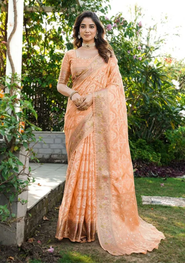 Peach_Woven_Floral_Saree_For_Women