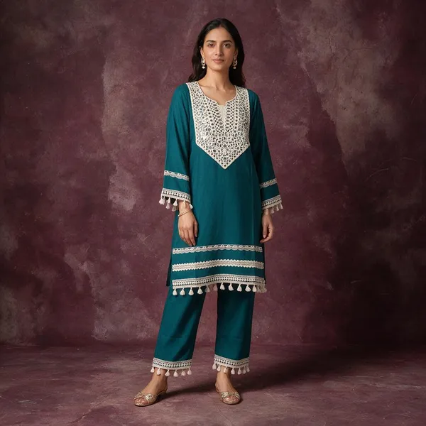 Teal_Embroidered_Kurta_Pant_Set_for_Women